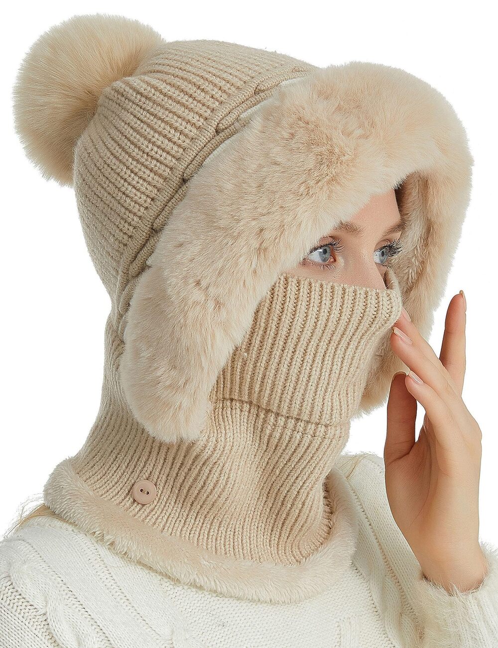 5991 Hat Scarf Set Winter Slouchy Knit Hats One Piece Warm Faux Fur Hooded